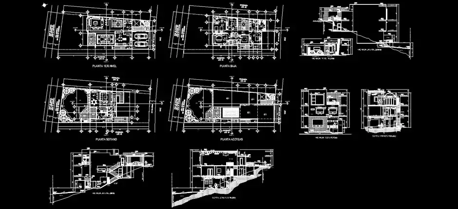 Télécharger des plans de maison sur terrain en pente à trois niveaux gratuits DWG