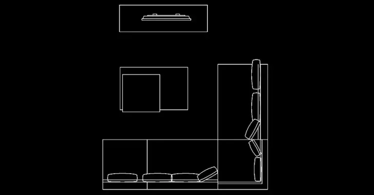 Télécharger un bloc gratuit de salle de TV avec canapé en L et meuble multimédia DWG