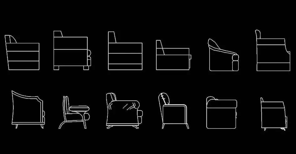 Télécharger une collection gratuite de blocs de canapés et fauteuils en élévation latérale DWG